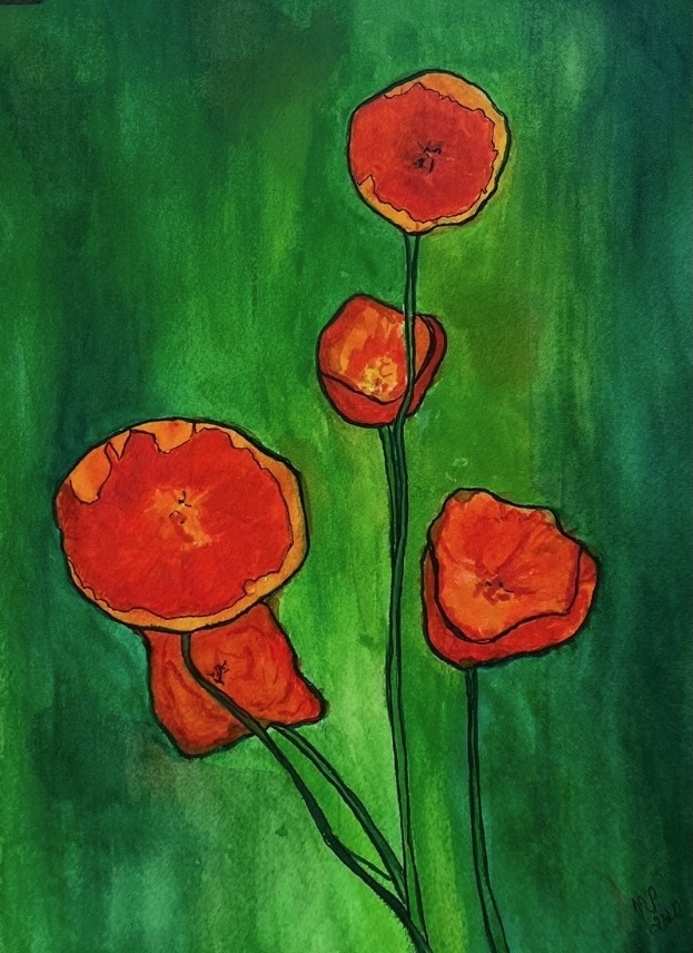 A still life painting- an impression of deep orange poppies behind a green background.
